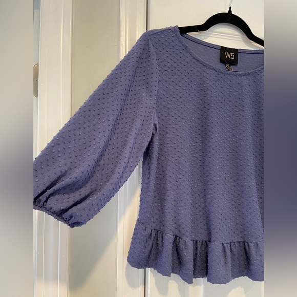 NWT W5 Size S Blue Periwinkle Swiss Dot 3/4 Sleeve Peplum Blouse Pullover - Picture 4 of 11